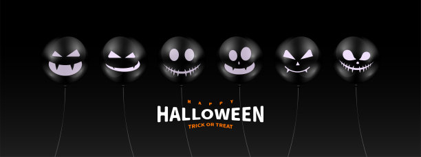 万圣节的黑色气球。万圣节气球矢量隔离在黑色背景上。一套闪亮的气球，有各种各样的脸，为万圣节装饰。图片下载