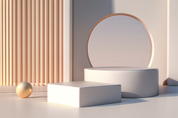 曲线造型，方形造型，讲台展示，光影，粉彩和奶油主题，极简风格- 3d渲染。图片下载