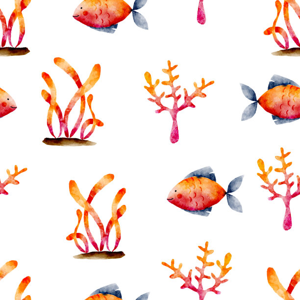 橙色水彩鱼和海藻无缝图案图片下载