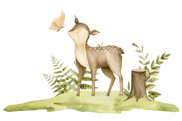 森林里的鹿和蝴蝶。手绘水彩插图林地动物在白色孤立的背景为婴儿淋浴贺卡或幼稚的邀请。可爱的幼儿画图片下载