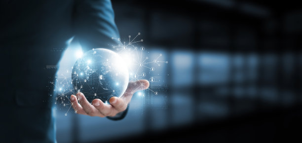 全球连接网络结构，商人持有全球社交网络，商业战略分析。金融和银行，科技。创新与沟通理念。图片下载