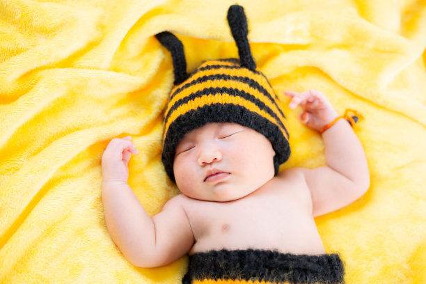 亚洲女婴穿着蜜蜂服装，婴儿穿着蜜蜂服装，新生儿穿着蜜蜂服装。新生儿概念照，图片下载