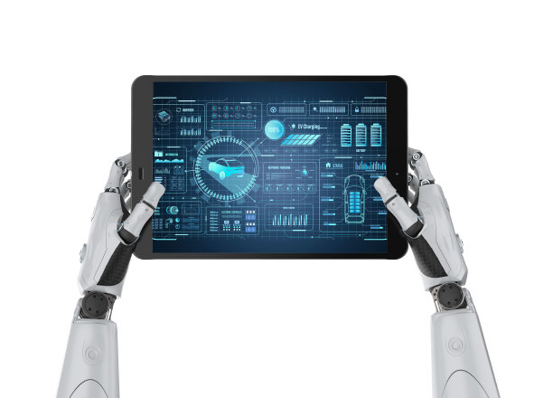 自动汽车维修与工程师机器人手持数字平板电脑与电动汽车的用户界面图片下载