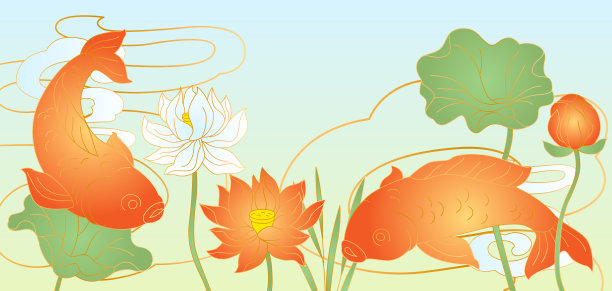 东方鱼莲插画。中国和日本的传统背景。图片下载
