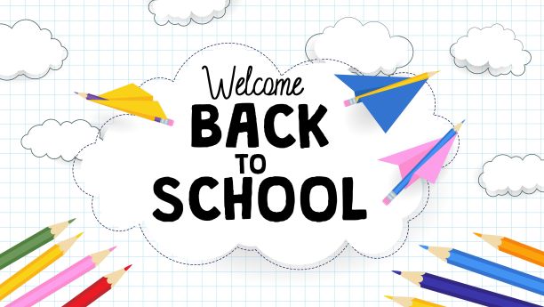 回到学校的横幅上有纸飞机和云彩。卡通矢量插图图片下载