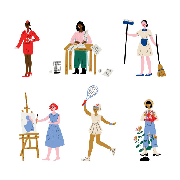 各行各业的人设。空姐，作家，女佣，艺术家，网球运动员，园丁卡通矢量插图图片下载
