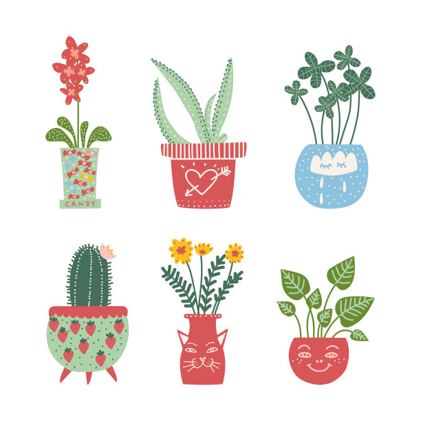 装饰花卉和植物生长在陶瓷锅作为家庭装饰矢量集图片下载