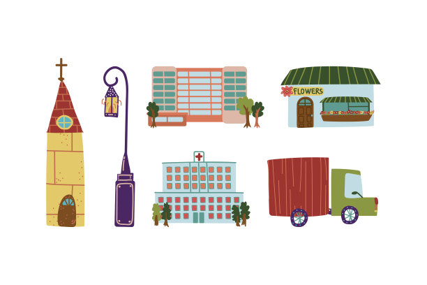 教堂，医院，房屋建筑，花店，灯柱和卡车作为城市街道元素矢量集图片下载