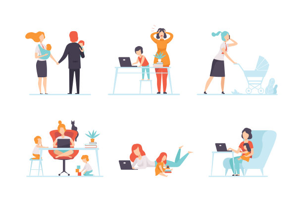 男女父母在家工作和照顾孩子结合工作和家庭责任向量集图片下载