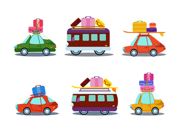 作为旅行车辆矢量集的客车和顶部装有行李箱和行李箱的小汽车。图片下载