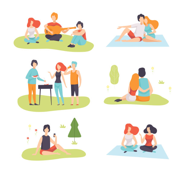 人们性格享受野餐在大自然坐在毯子和说话向量集图片下载