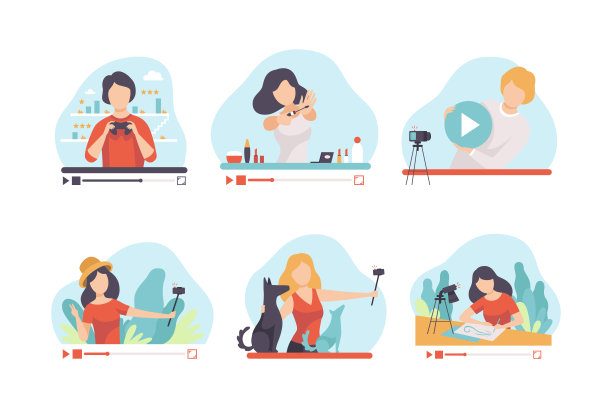 人们博主或视频博主为他们的频道矢量集制作视频内容图片下载
