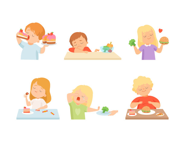 小孩子在餐桌上吃蔬菜和糖果，表现出喜欢和厌恶向量集图片下载