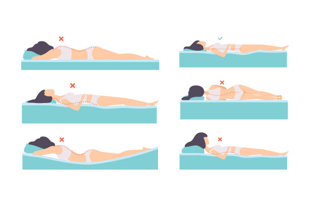 女人躺在正确和不正确的睡眠姿势的颈部和脊柱矢量集图片下载