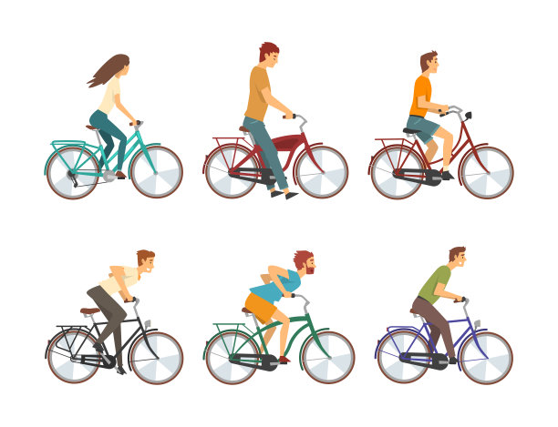 年轻的男人和女人骑自行车享受假期或周末活动向量集图片下载