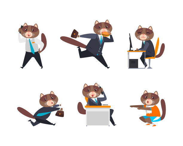 正装领带从事日常工作的猫商人角色向量集图片下载