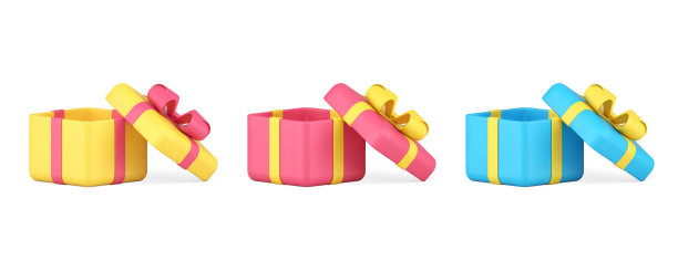 礼盒开帽包蝴蝶结丝带生日周年派对惊喜3d图标集矢量图片下载