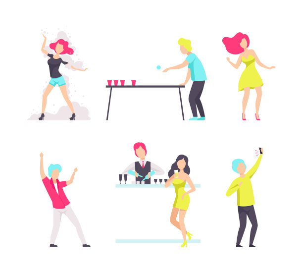 人物在酒吧或酒吧与酒精鸡尾酒和饮料休息向量集图片下载