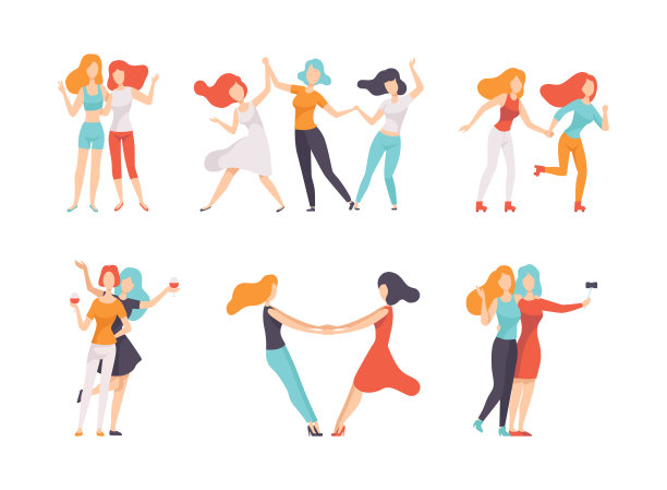 女性朋友花时间在一起自拍，拥抱，跳舞，喝酒和轮滑矢量集图片下载