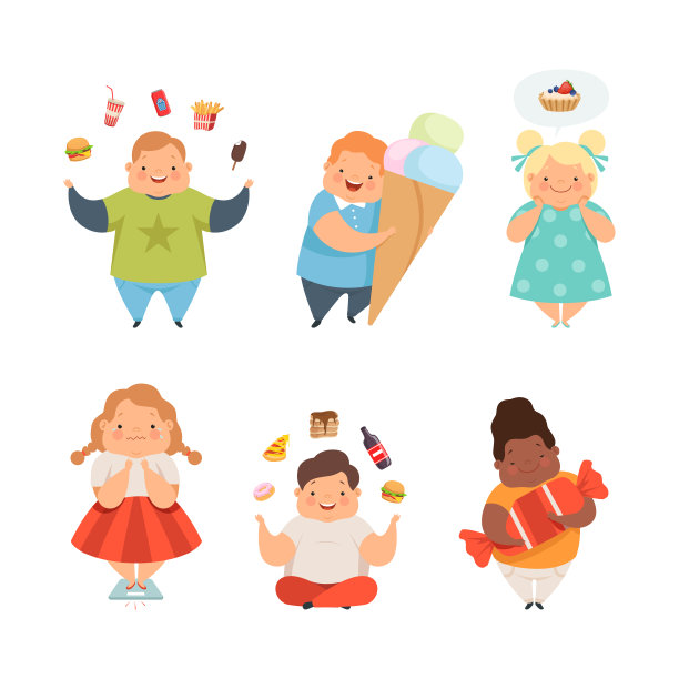 超重儿童与额外的身体脂肪过度饮食不健康的食物载体集图片下载