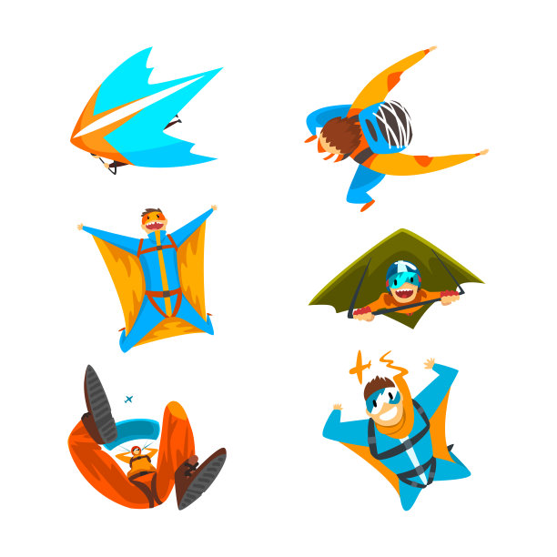 男子伞兵或伞兵滑翔伞与有翼滑翔伞和跳伞矢量集图片下载