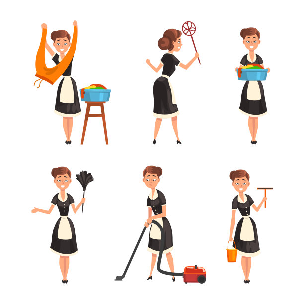 微笑的女仆或女仆在黑色的衣服和白色的围裙除尘，真空清洁和持有盆洗衣矢量集图片下载