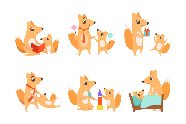爱狐狸妈妈和爸爸的性格与它的幼崽从事不同的活动向量集图片下载