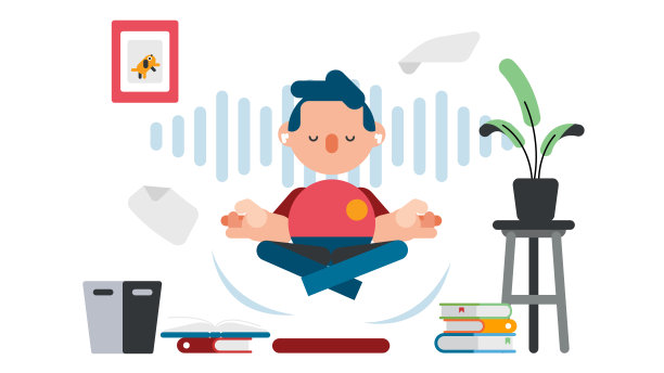 一个人在冥想，戴着耳机，漂浮在地板上。冥想，让你的心平静下来。图片下载