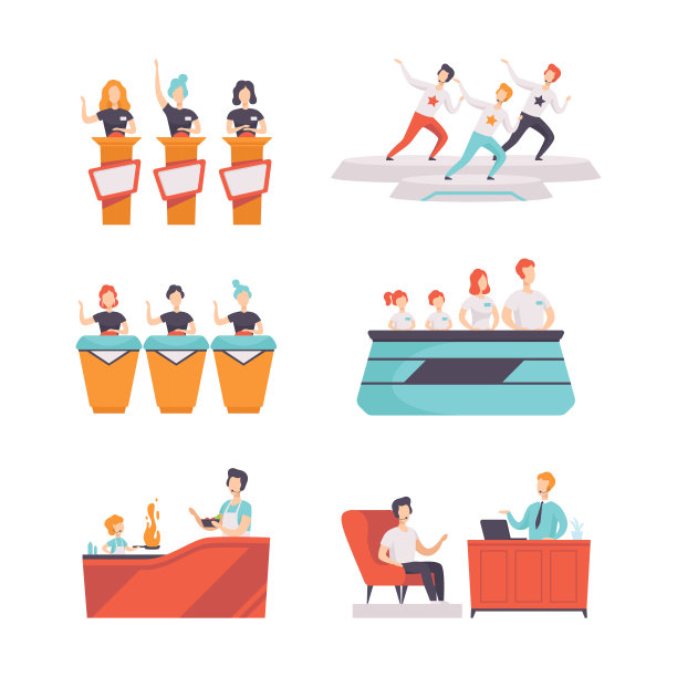 电视节目和电视节目与人参与测验游戏和采访向量集图片下载