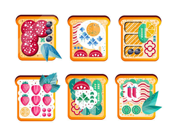 三明治或吐司与不同的成分作为早餐或午餐顶部视图矢量集图片下载