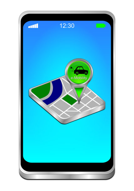 ，智能手机与绿色地图指针与电子交通在蓝色显示- 3D插图图片下载