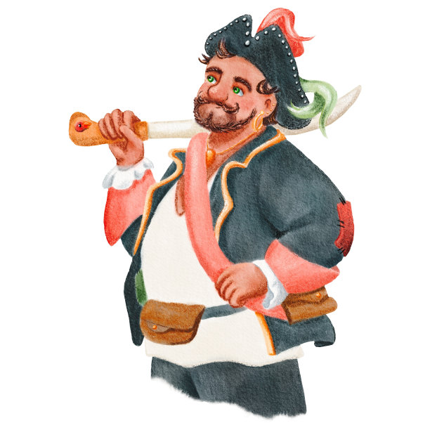 带着微笑的卡通海盗形象。水彩画滑稽可爱的水手戴着帽子，羽毛，手里拿着军刀。孤立的剪贴画元素。儿童海盗卡。手绘插图图片下载