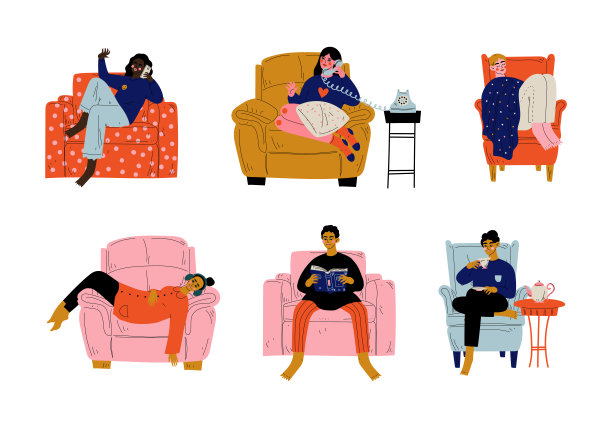 男人和女人性格坐在家里舒适的扶手椅矢量集图片下载