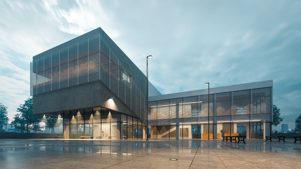 雨后阴天的现代两层建筑夜景，3d渲染图片下载