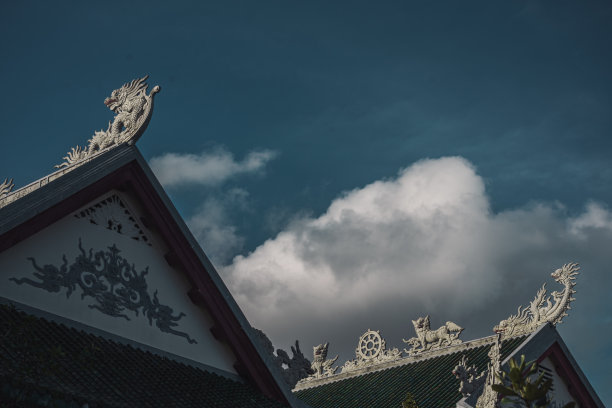 岘港灵应寺屋顶上的龙雕与观音像图片下载