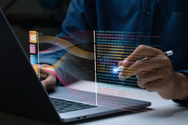 商人利用人工智能处理数据，在虚拟屏幕上分析和可视化复杂的信息。大数据技术与数据科学。数据流。数字神经网络。人工智能图片下载