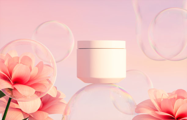 化妆品面霜罐的背景是红玫瑰花和肥皂泡沫在傍晚的天空。三维渲染图片下载