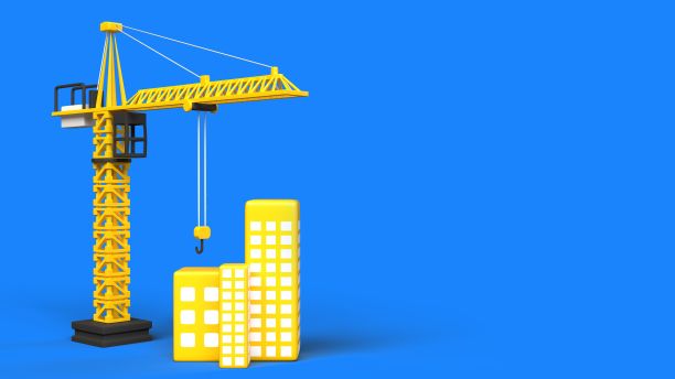 重型机械起重机的3D渲染，蓝色背景上有建筑物图片下载
