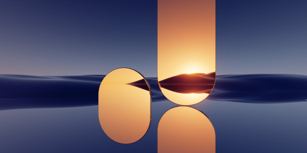 3d渲染，超现实的全景背景。抽象的极简壁纸梦幻般的景观与金色的镜子拱门，山和水的反射图片下载