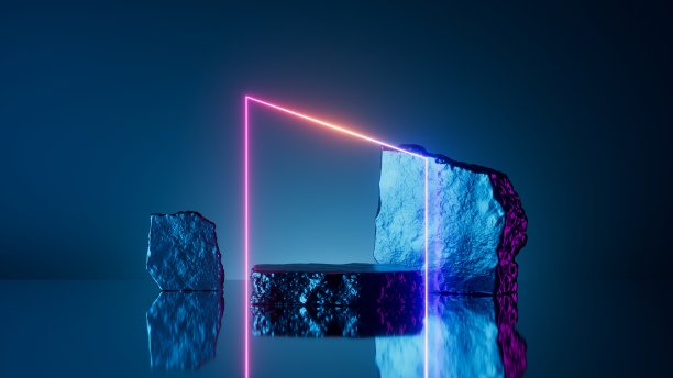 3d渲染，抽象的蓝色背景与粉红色的霓虹几何线和岩石石头。极简主义的未来壁纸。展示场景与空平台的产品展示图片下载