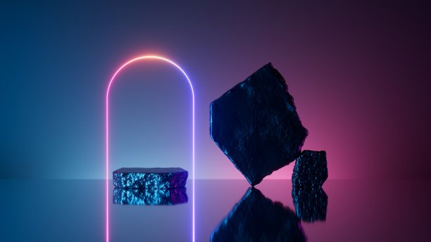 3d渲染，抽象极简的紫外线背景与石平台，岩石，霓虹灯拱门，发光线，镜子反射。展示台，用于产品展示。未来的壁纸图片下载