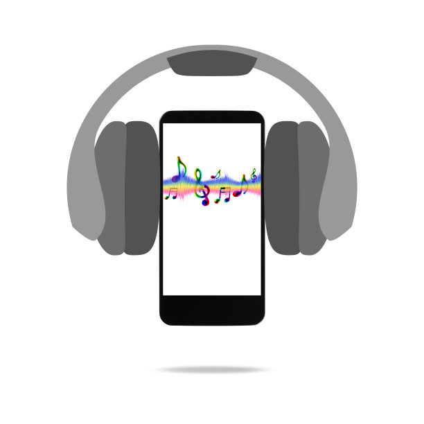 智能手机在半空中的孤立镜头，耳机和彩色声音均衡器波线与白色背景下的音符图片下载
