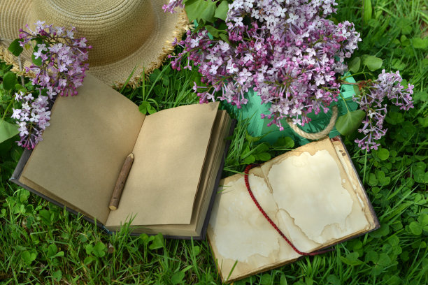 复古静物与打开的书或日记，帽子和丁香花花束在花园里。夏季和春季的季节概念图片下载
