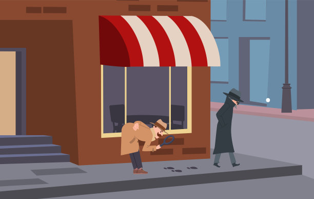 侦探或间谍跟踪脚印的神秘人与放大镜，卡通平面矢量插图。图片下载