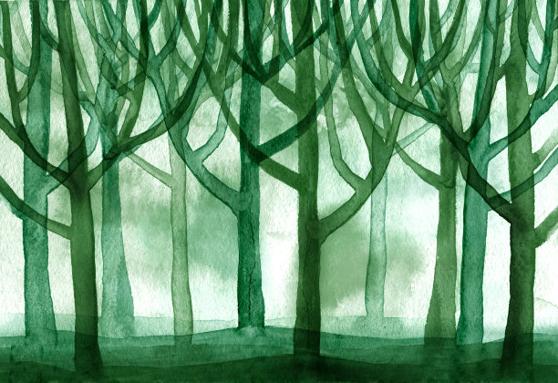 插图色彩柔和的绿色森林。抽象季节，室外景观以绿树为主。自然绘画粉彩设计与水彩颜料。以现代艺术为背景图片下载