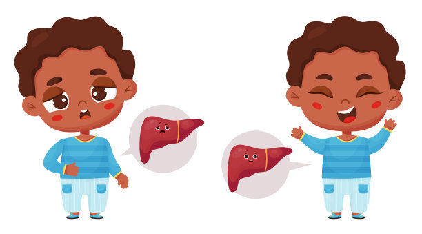 收集可爱的黑人民族男孩生病和健康与肝脏内脏器官的性格。矢量插图在卡通风格。儿童医学主题设计与装饰集。图片下载
