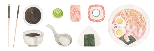 大型水彩套装日本小吃。筷子、三文鱼卷、芥末、酱油、拉面汤、勺子、饭团。手绘。亚洲美食。图片下载