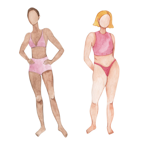 水彩画的两个女孩站在一起不同的外表，文化，体质，肤色。女性的力量。身体正图片下载