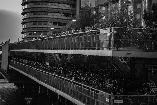 无数停放的自行车在单色-阿姆斯特丹，荷兰图片下载