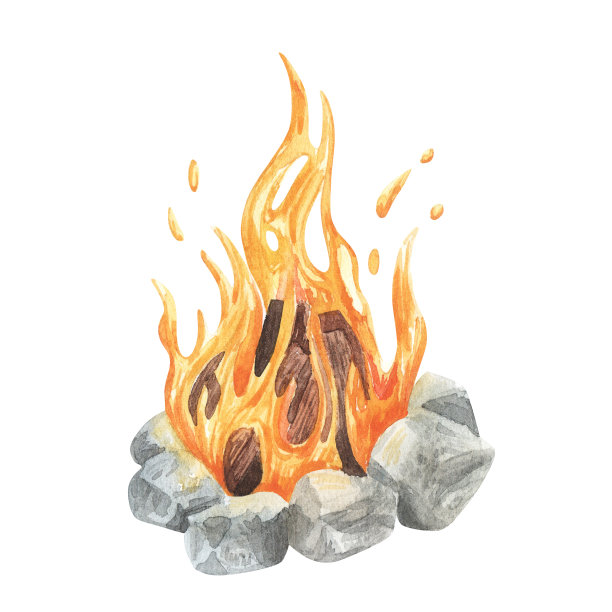 水彩画用木头和石头在篝火处燃烧篝火。手绘插图孤立在白色背景。完美的旅行、旅行、远足、露营、自然、旅行元素。图片下载
